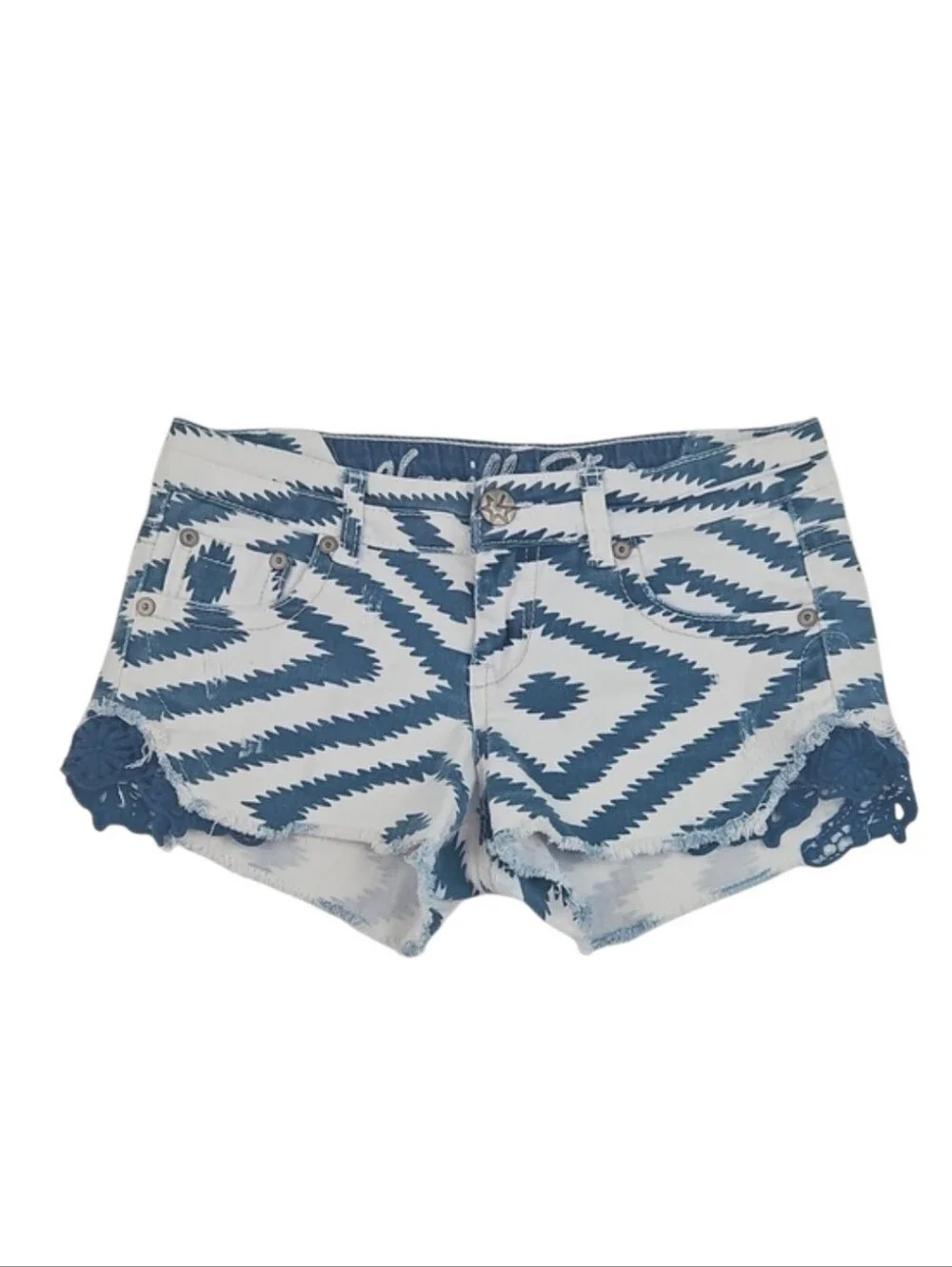 Vanilla Star Tribal Aztec Print Denim Shorts w/ Crochet Lace Trim Navy White Y2K